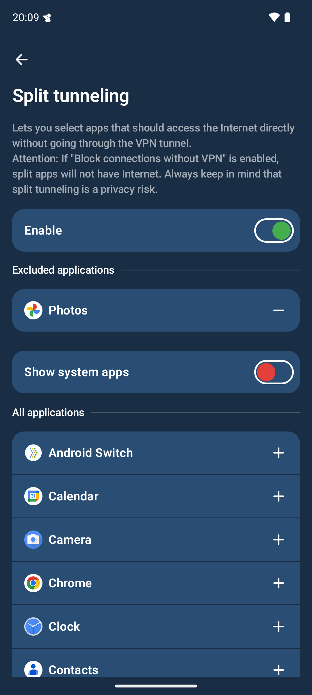 Split tunneling settings showing Enable toggle ON, Excluded applications list with Photos, and list of All applications.