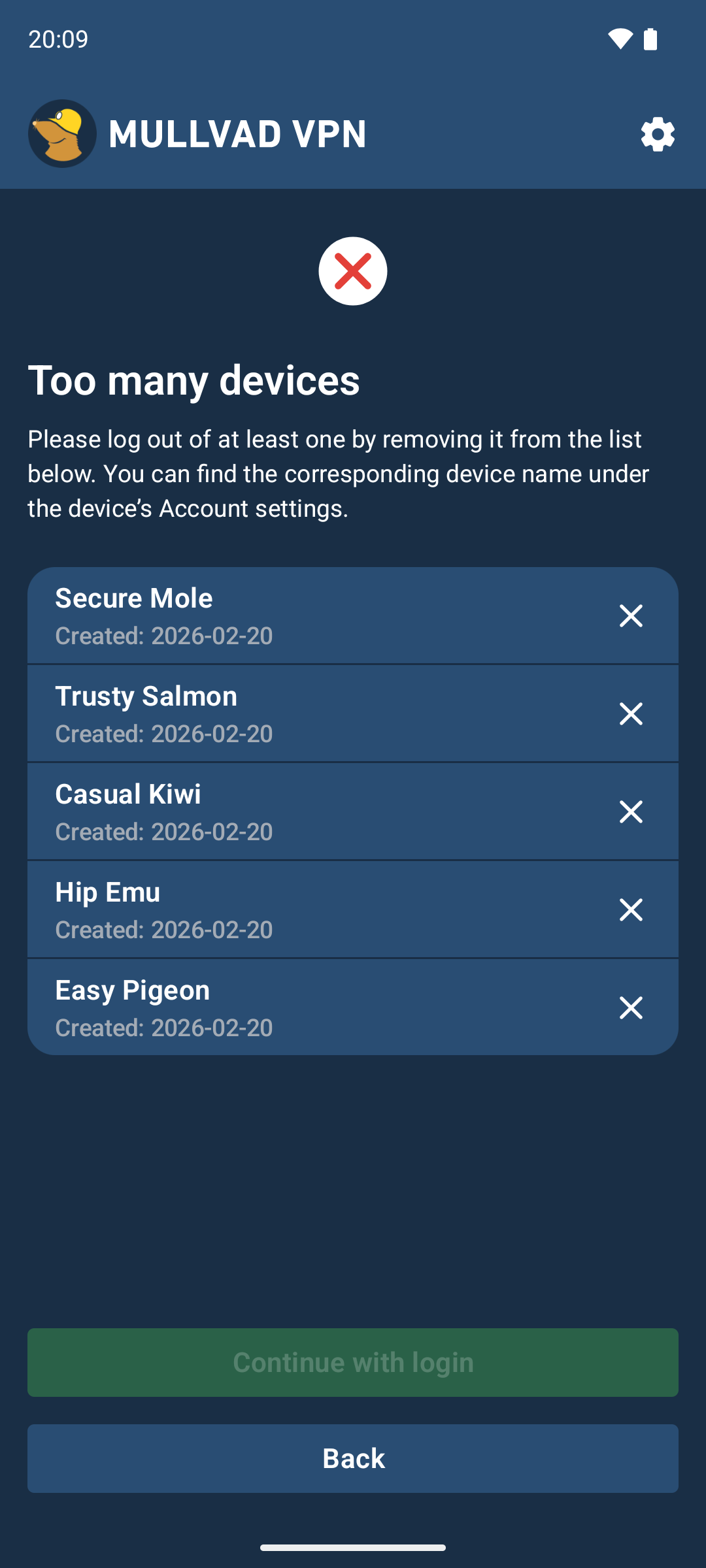 Too many devices screen listing devices Secure Mole and four more devices to remove for login.