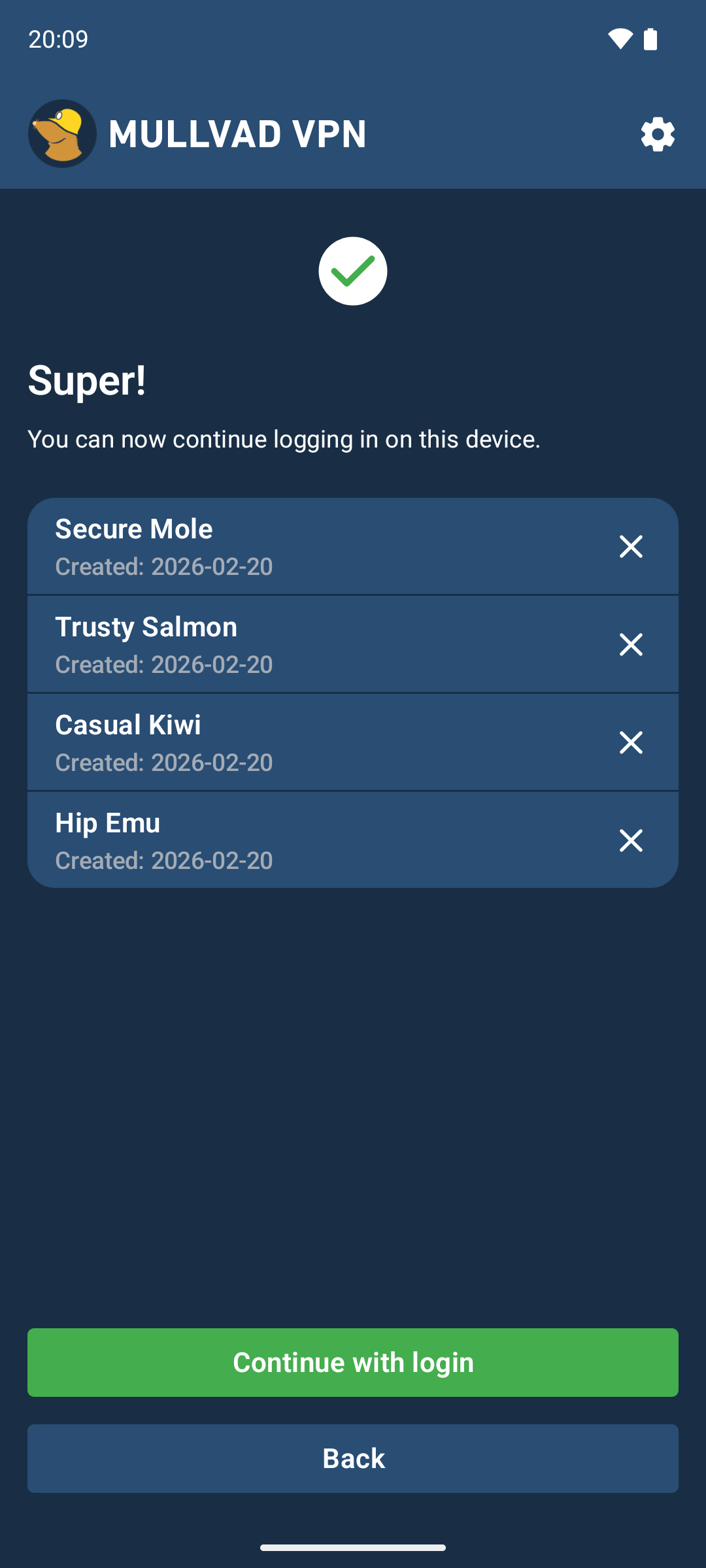 Text saying &rdquo;Super! You can now continue logging in on this device." with a list of devices and a "Continue with login" button.