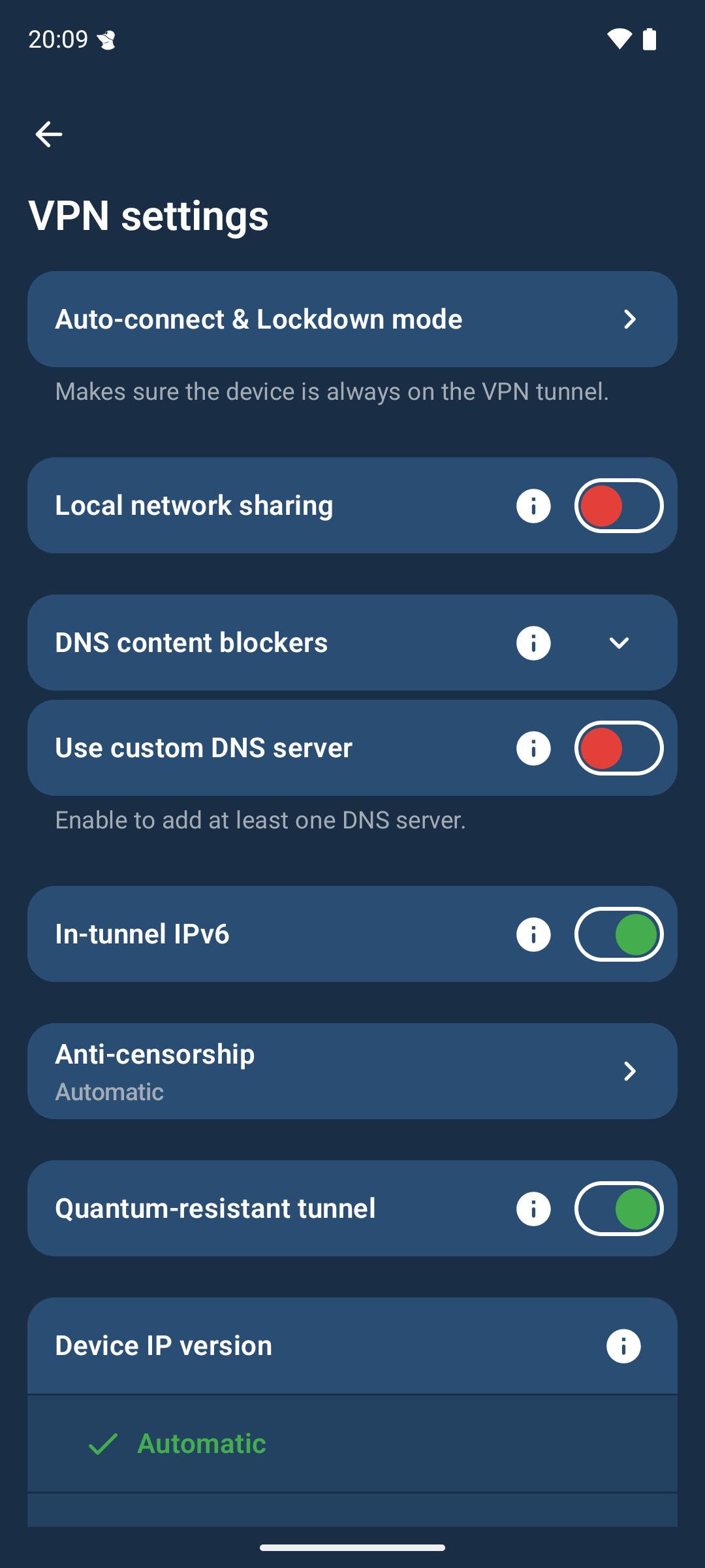The VPN Settings screen of the app. There is a list of feature showing, starting with &ldquo;Auto-connect & Lockdown mode&rdquo;. The features after are &ldquo;Local network sharing&rdquo;, &ldquo;DNS content blockers&rdquo;, &ldquo;Use custom DNS server&rdquo;, &ldquo;In-tunnel IPv6&rdquo;, &ldquo;Anti-censorship&rdquo;, &ldquo;Quantum-resistant tunnel&rdquo; and &ldquo;Device IP version&rdquo;.