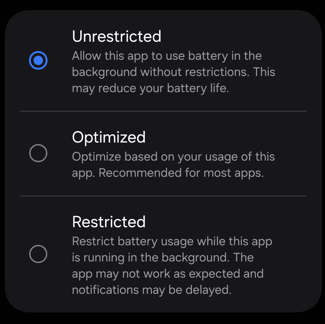 The different battery options: Unrestricted, Optimized and Restricted