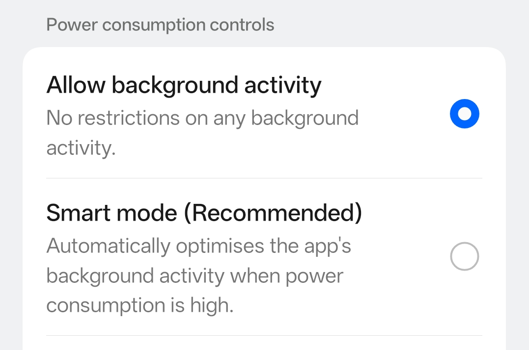 The power consumption controls, including "Allow background activity" and "Smart mode"